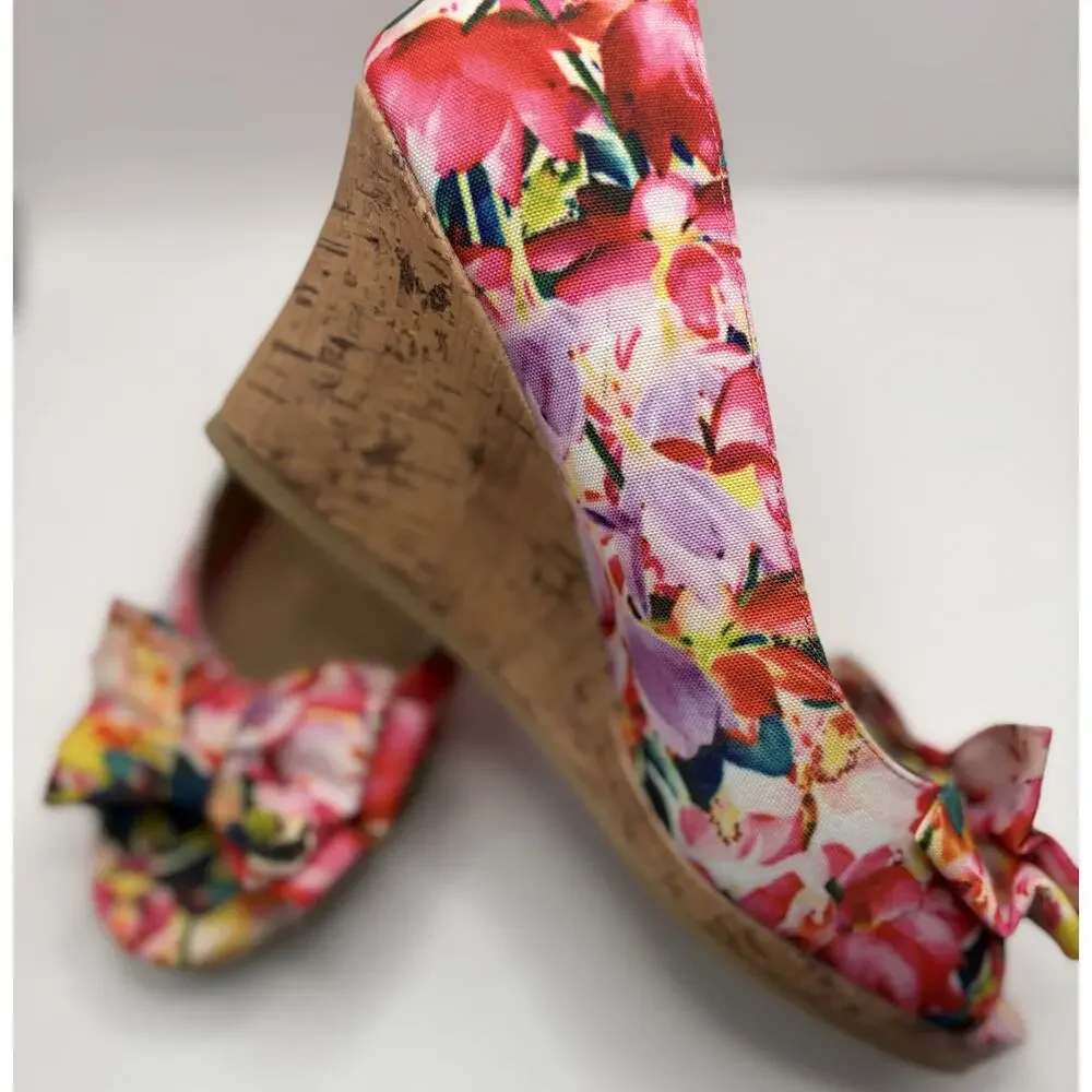 Dexflex Comfort Floral Cork Wedge Peep Toe Pumps Women's Size 8W Pink Bow Shoes